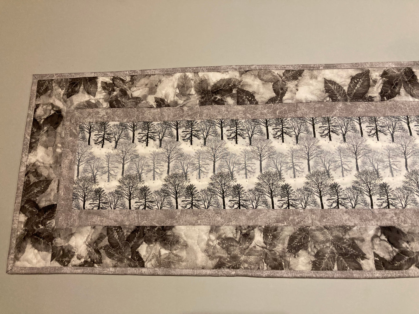 Winter White Trees and Frosty Leaves Quilted Dining Table Runner, 13x48 Reversible, Gray Coffee End Table Cabin Everyday Woods Mountains
