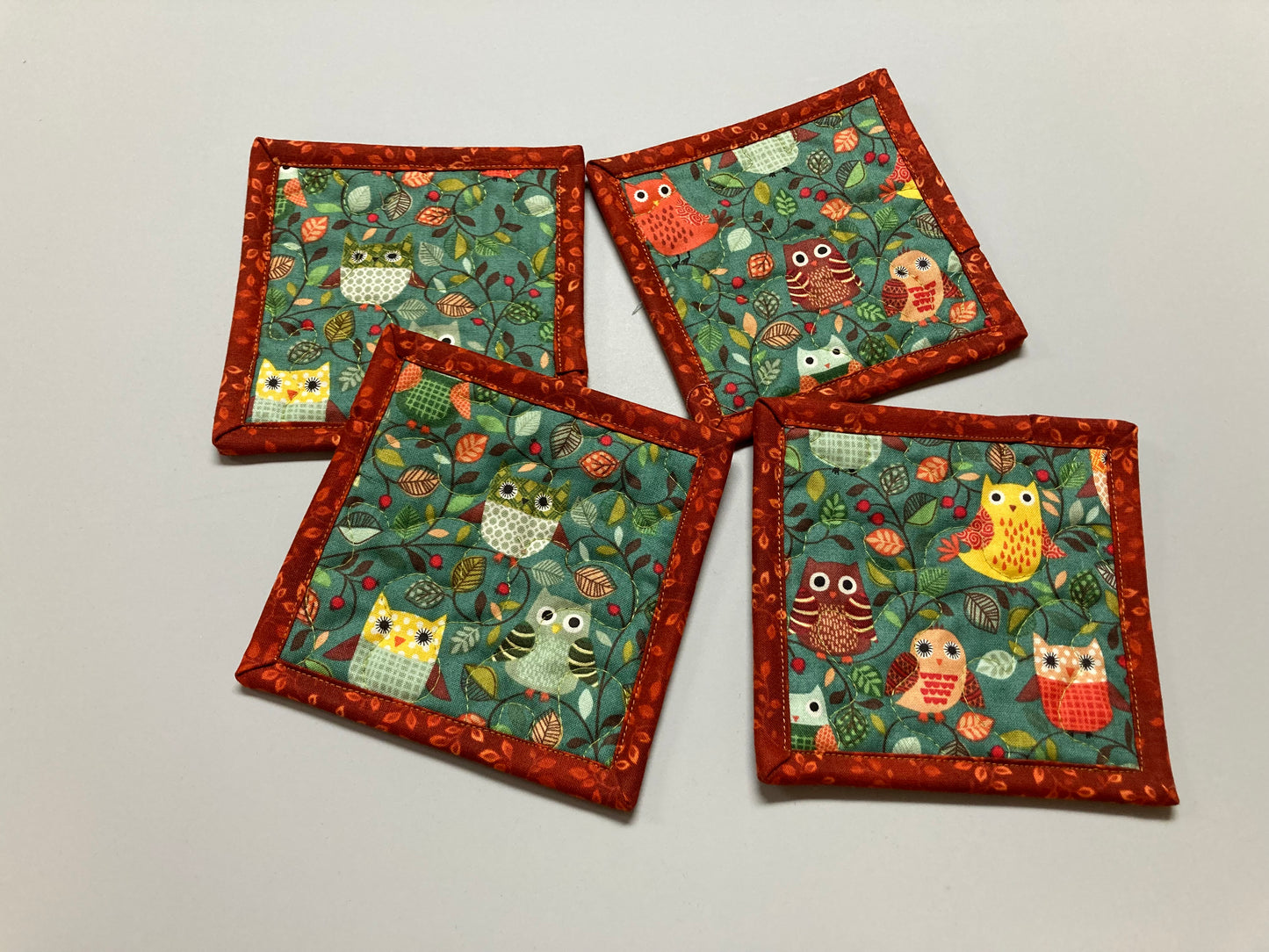 Owl Woodland Animal Fabric Coasters for Drinks, 5x5" Large Coffee Tea Beer Hot Cold Washable Reusable Kid’s Snack Mats, Forest Handmade