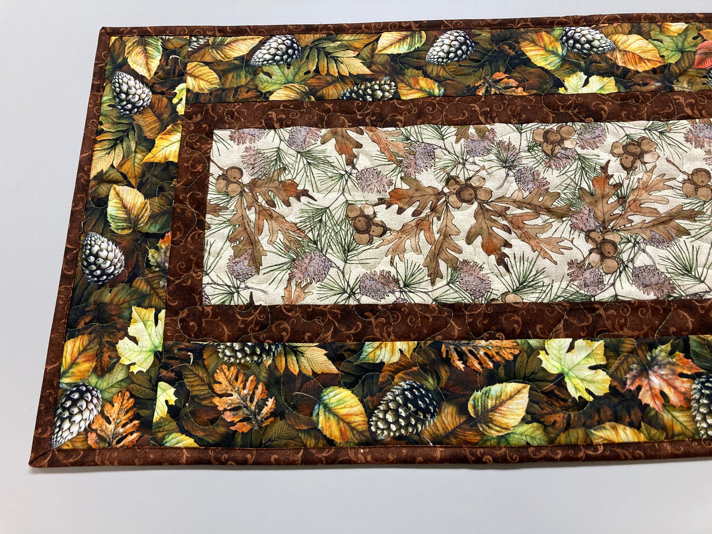 Pine Cones Acorns Leaves Quilted Dining Table Runner, Reversible, Coffee Table Runner, Dresser Scarf Nightstand End Table 13x48" Cabin Woods