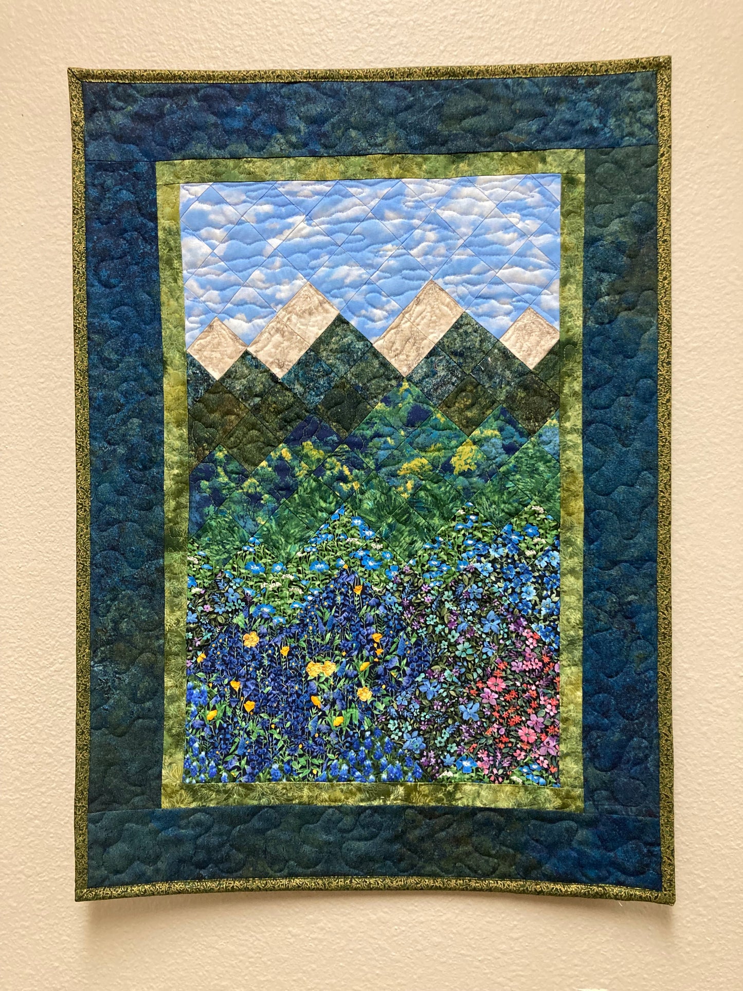 Summer Wildflower Mountain Art Quilt Fabric Wall Hanging, Landscape Vertical Quilted 19x27” Tapestry, Nature Narrow Meadow Pine Trees Alpine