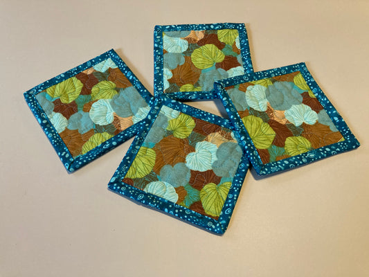 Fabric Coasters for Drinks, Blue Brown Green Ginko Leaves, Quilted Handmade Drink Mats, Mug Rugs Tea Coffee Hot Cold Snack Mats 5x5"