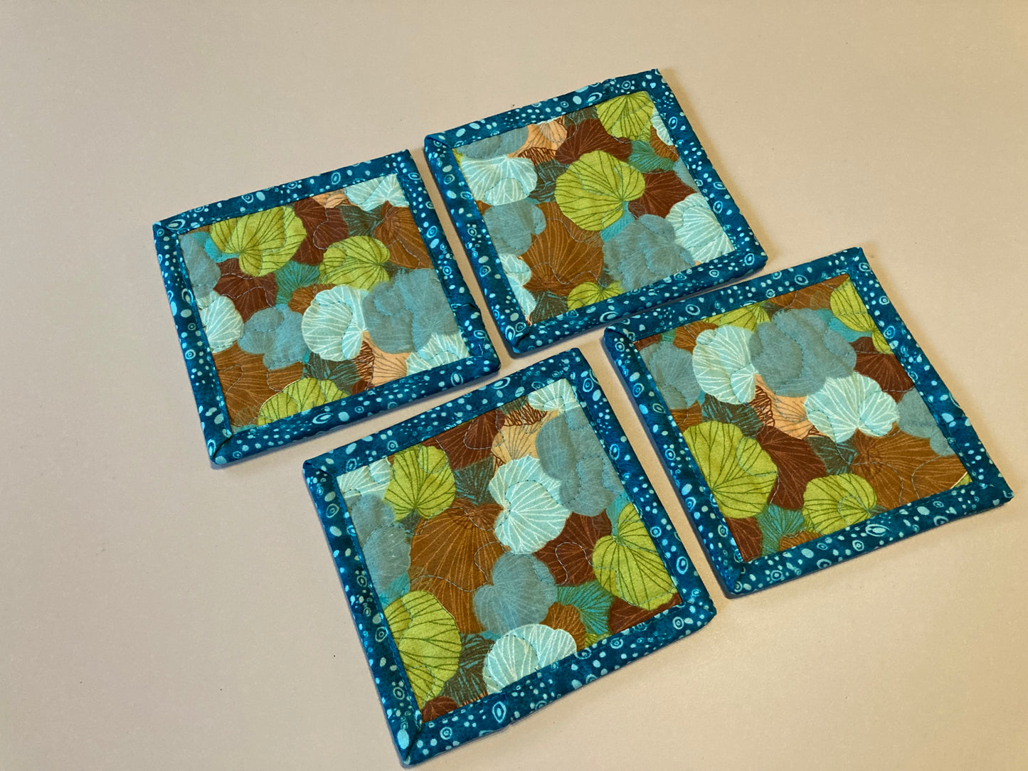 Fabric Coasters for Drinks, Blue Brown Green Ginko Leaves, Quilted Handmade Drink Mats, Mug Rugs Tea Coffee Hot Cold Snack Mats 5x5"