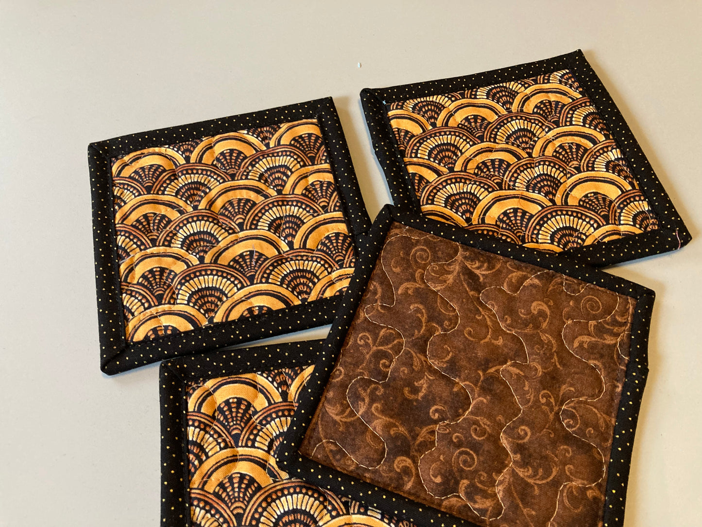 Fabric Coasters for Drinks, Art Deco Fan Design Brown Orange Black, 5x5" Artistic Large Hot Cold, Snack Mats Mug Rugs, Retro Handmade Gift
