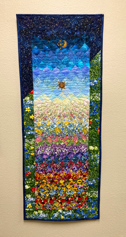 Art Quilt, Sunshine Garden Sun Moon Fabric Quilted Wall Hanging Celestial Tapestry 46x18" Whimsical Long Vertical Original Artwork Handmade