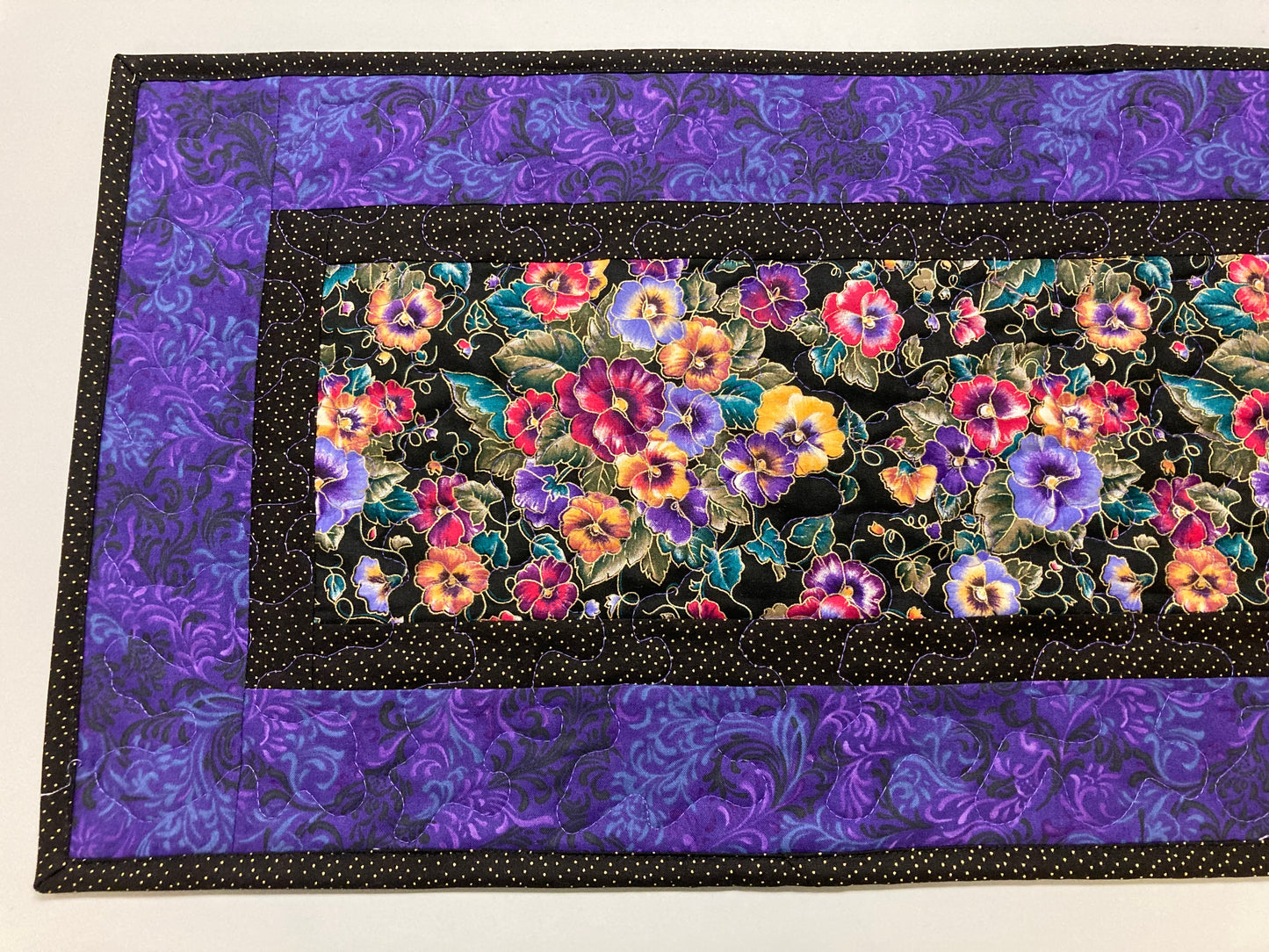 Summer Pansy Bouquet Quilted Dining Table Runner, Reversible 13x48" Coffee End Table Nightstand Mat, Pansies Pink Yellow Blue Garden Nature
