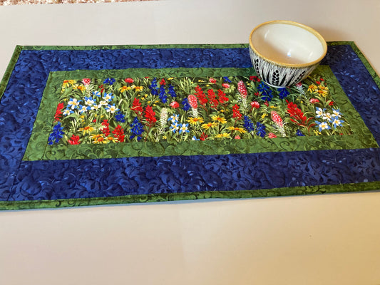 Quilted Summer Table Runner Topper, 13x25", Texas Yellow Red Blue Wildflowers, Reversible Leaves, Coffee End Table Nightstand, Tahoe Quilts