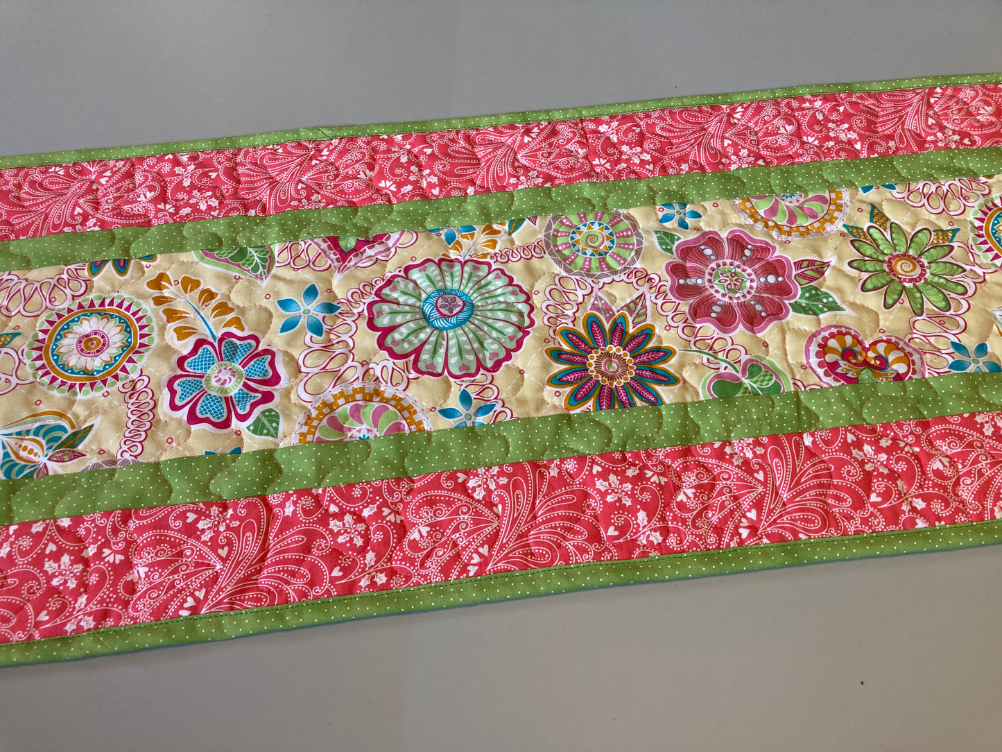Spring Pink Blue Flowers Quilted Table Runner, Dining Coffee Table Mat, Reversible 13x48" Easter Garden Floral Nature Bright Floral Summer