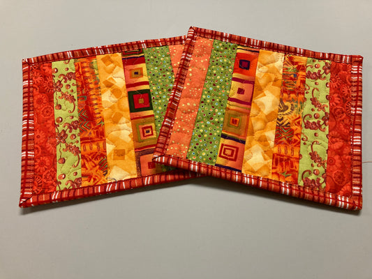 Summer Bright Mug Rugs Snack Mats, 7x8.5" Coffee End Table, Large Fabric Coasters, Hot Cold Drink Trivets, Handmade Boho Red/Green/Orange