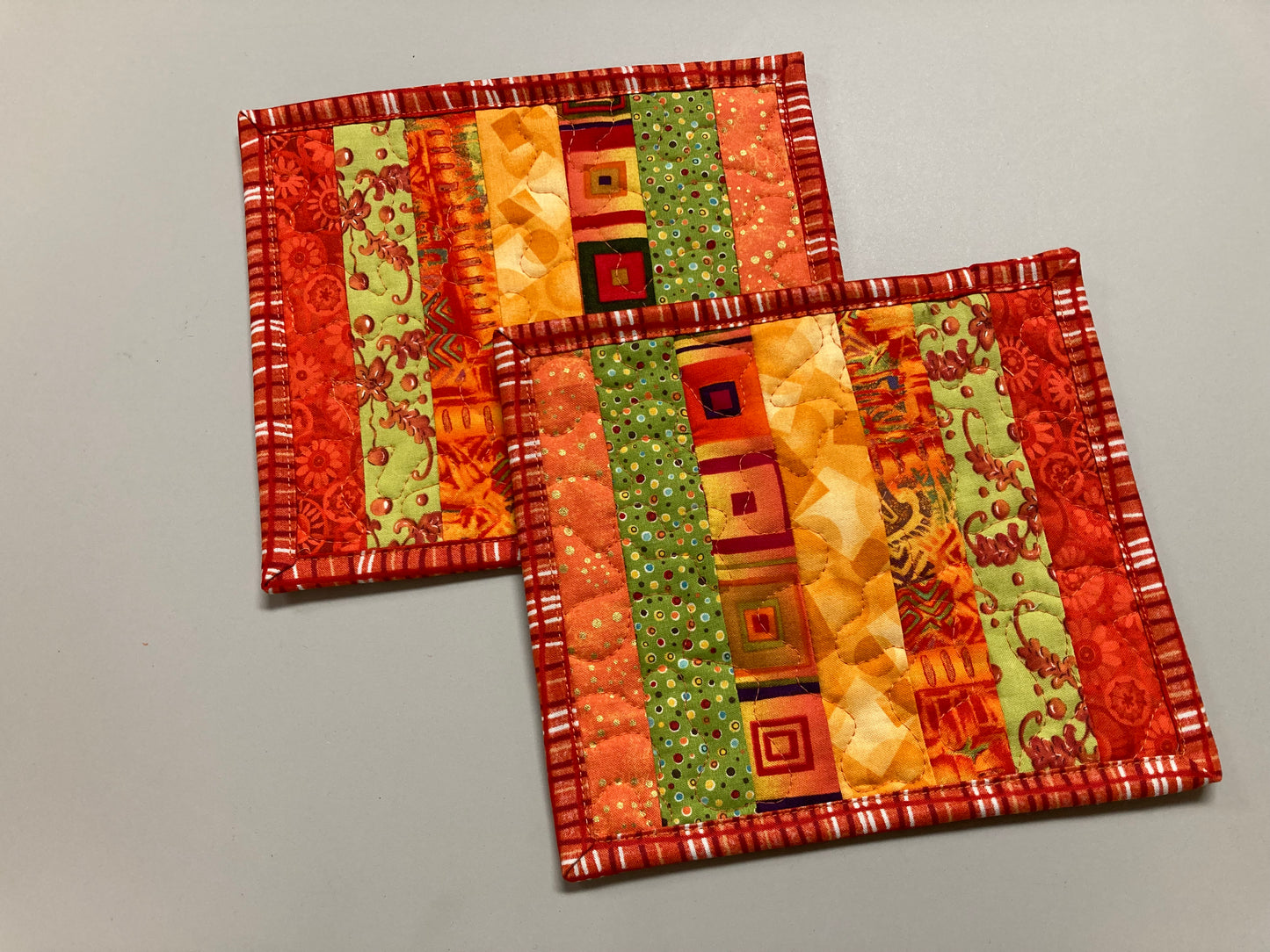 Summer Bright Mug Rugs Snack Mats, 7x8.5" Coffee End Table, Large Fabric Coasters, Hot Cold Drink Trivets, Handmade Boho Red/Green/Orange