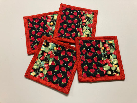 Strawberries and Honey Bees Quilted Fabric Coasters, Mug Rugs Snacks 5x5" Hot Cold Food Drinks, Washable Reversible Handmade Spring Summer