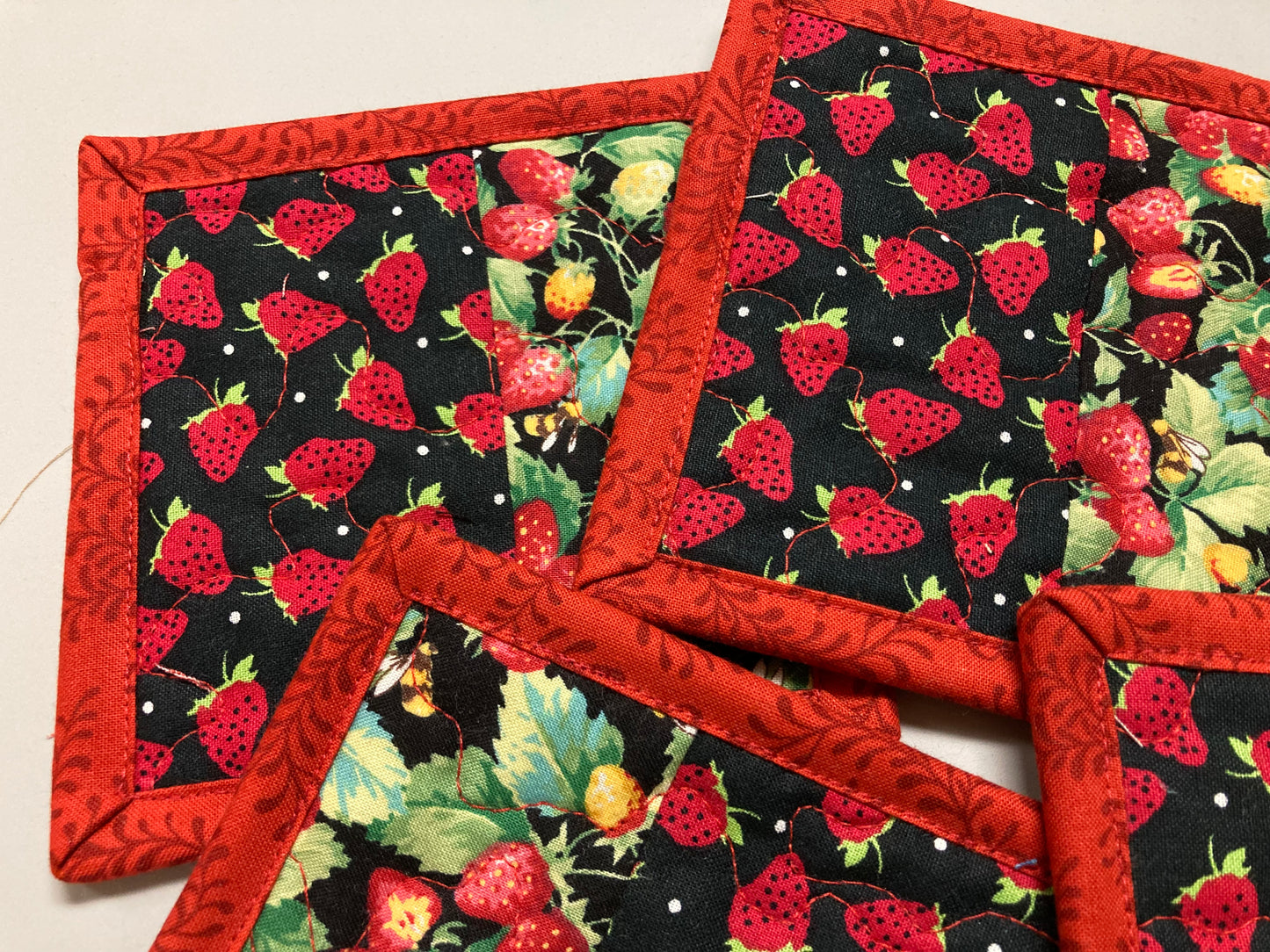 Strawberries and Honey Bees Quilted Fabric Coasters, Mug Rugs Snacks 5x5" Hot Cold Food Drinks, Washable Reversible Handmade Spring Summer