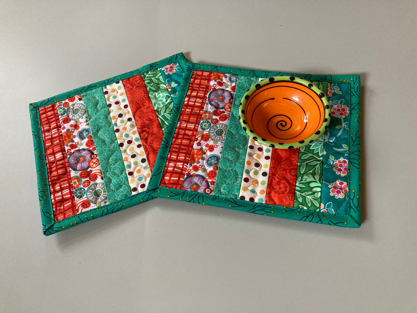 Bright Orange Turquoise Summer Mug Rug Snack Mat Set of (2) Coffee End Table, Large Coasters 7x8", Quilted Boho Scrappy Bright Handmade