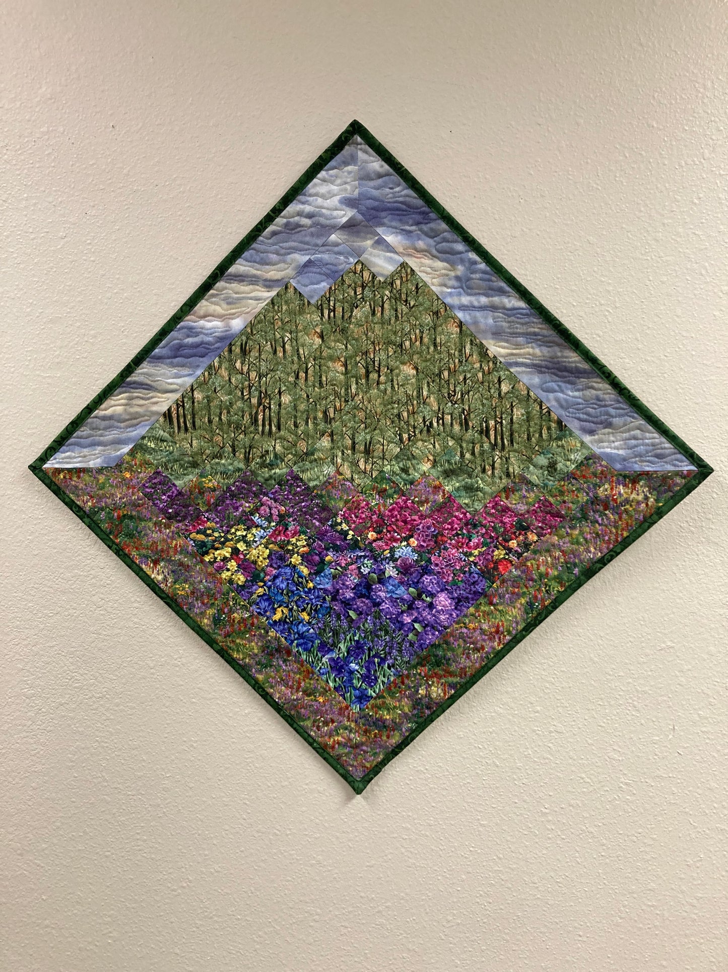 Purple Sky Trees Diagonal Art Quilt Fabric Mountain Wall Hanging, Lake Tahoe Textile Art Tapestry, Landscape Quilt, 31x31" Handmade Artwork