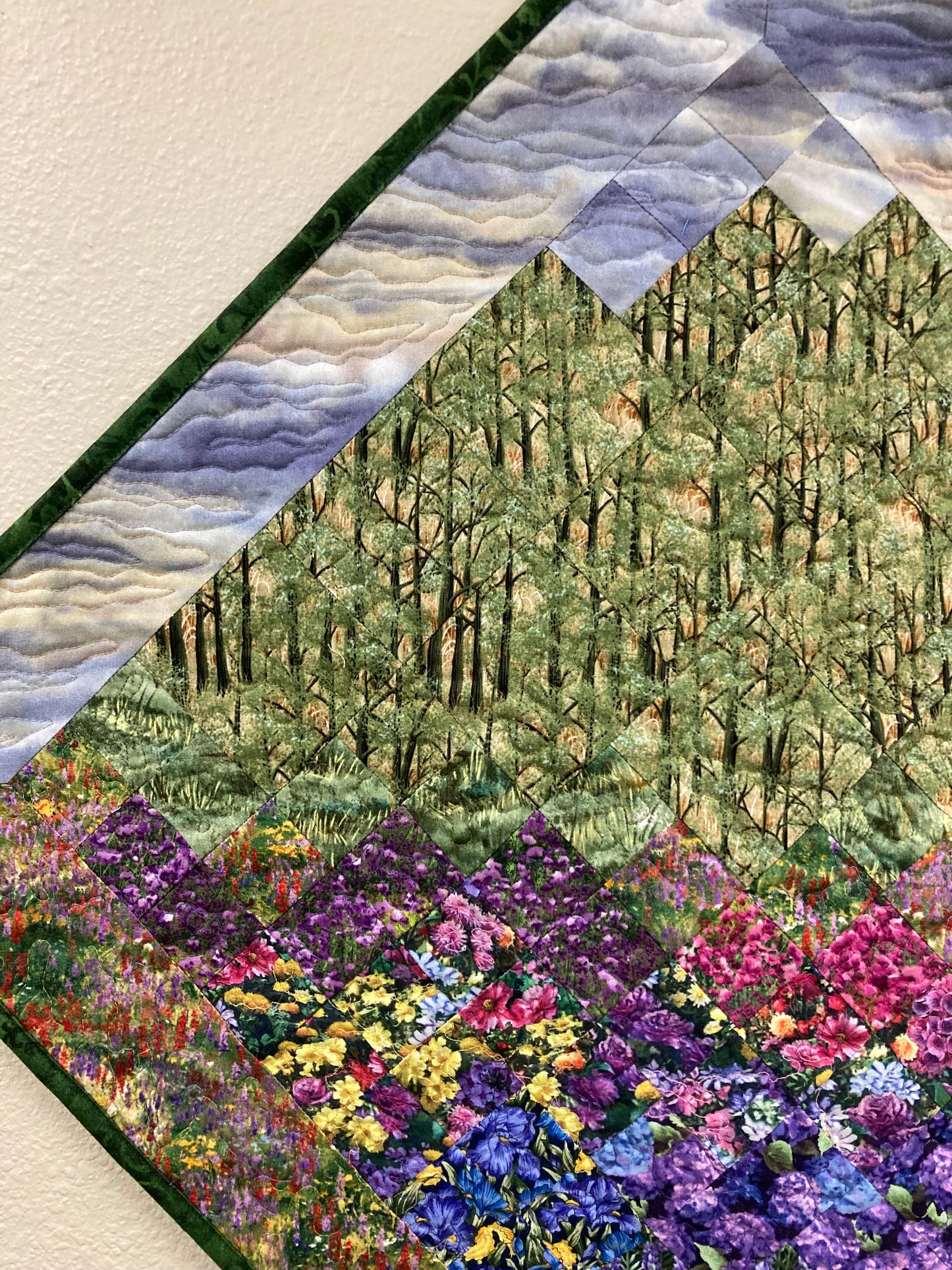 Purple Sky Trees Diagonal Art Quilt Fabric Mountain Wall Hanging, Lake Tahoe Textile Art Tapestry, Landscape Quilt, 31x31" Handmade Artwork