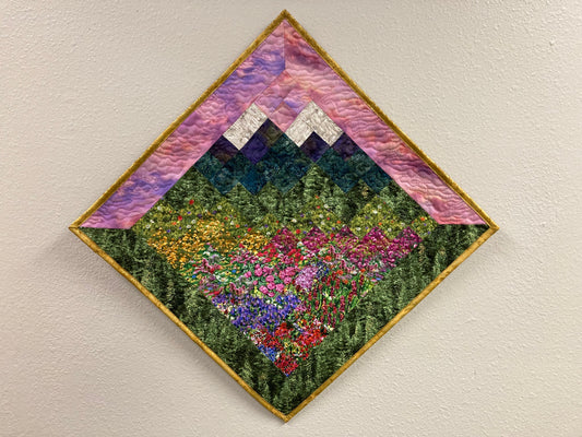 Art Quilt, Sunset Mountain Wildflower Meadow Fabric Wall Hanging, Landscape Tapestry Wall Art, Bedroom Living Room 29x29" Original Artwork