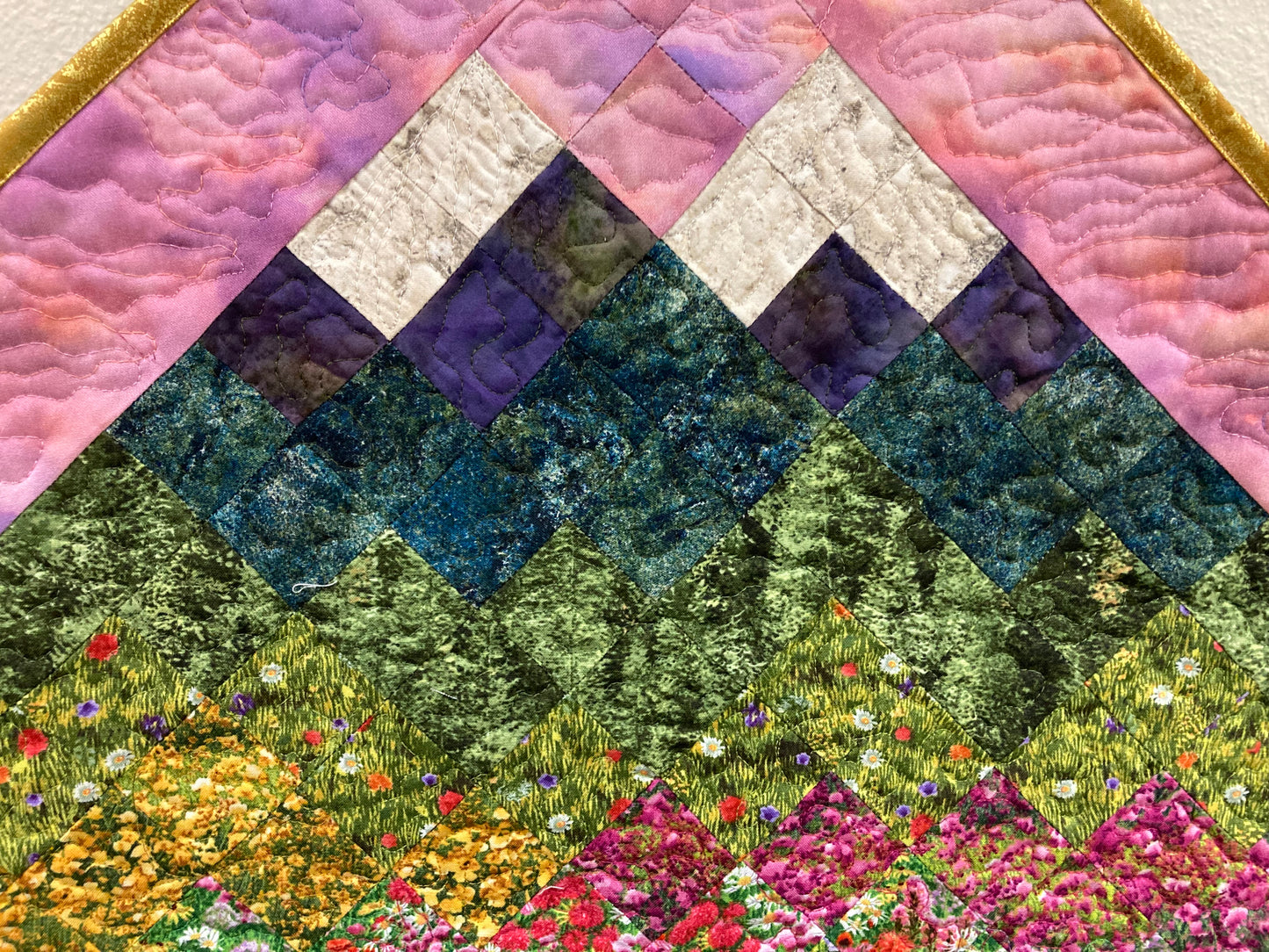 Art Quilt, Sunset Mountain Wildflower Meadow Fabric Wall Hanging, Landscape Tapestry Wall Art, Bedroom Living Room 29x29" Original Artwork