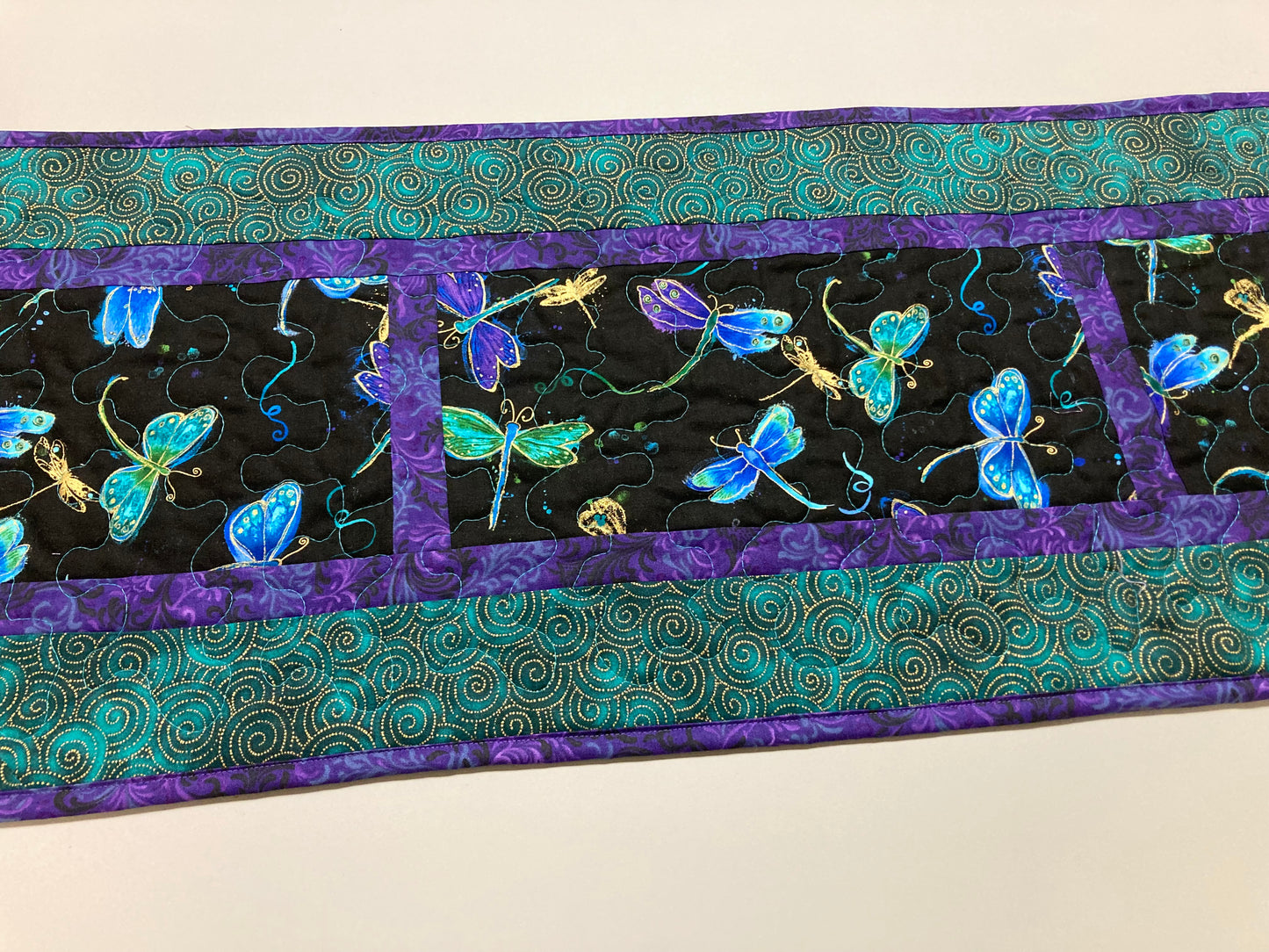 Dragonfly Quilted Table Runner, Purple Blue Dragonflies, 13x48" Reversible Cotton, Coffee Dining Buffet Table Spring Summer Runner Everyday