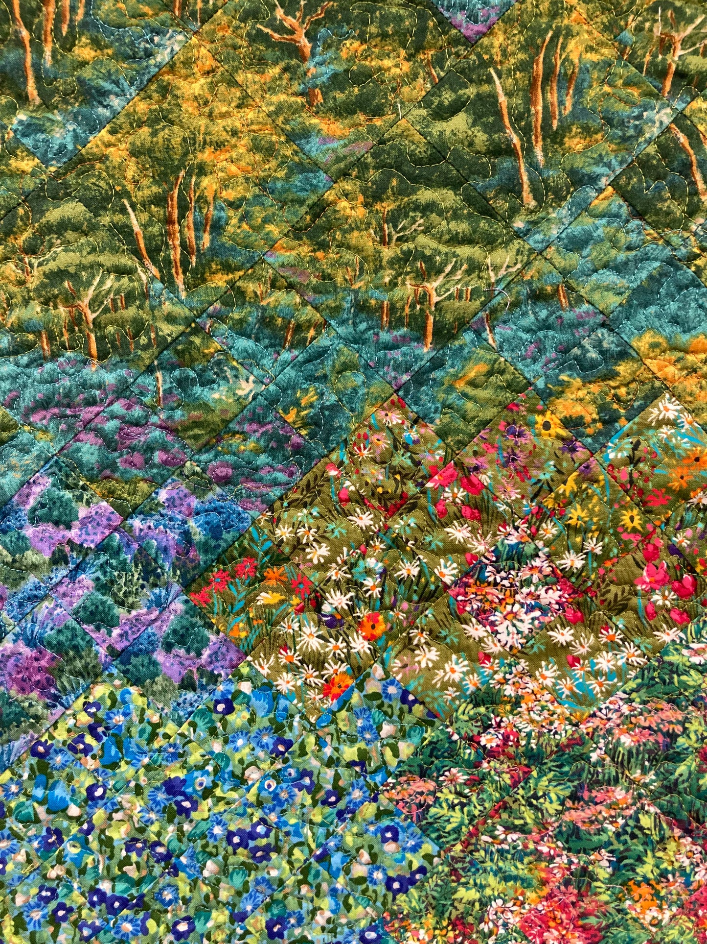 Mountain Art Quilt Tapestry, Turquoise Meadow Flowers Fabric Wall Hanging, Summer Trees Woods, 19x25" Original Handmade Artwork Home Office