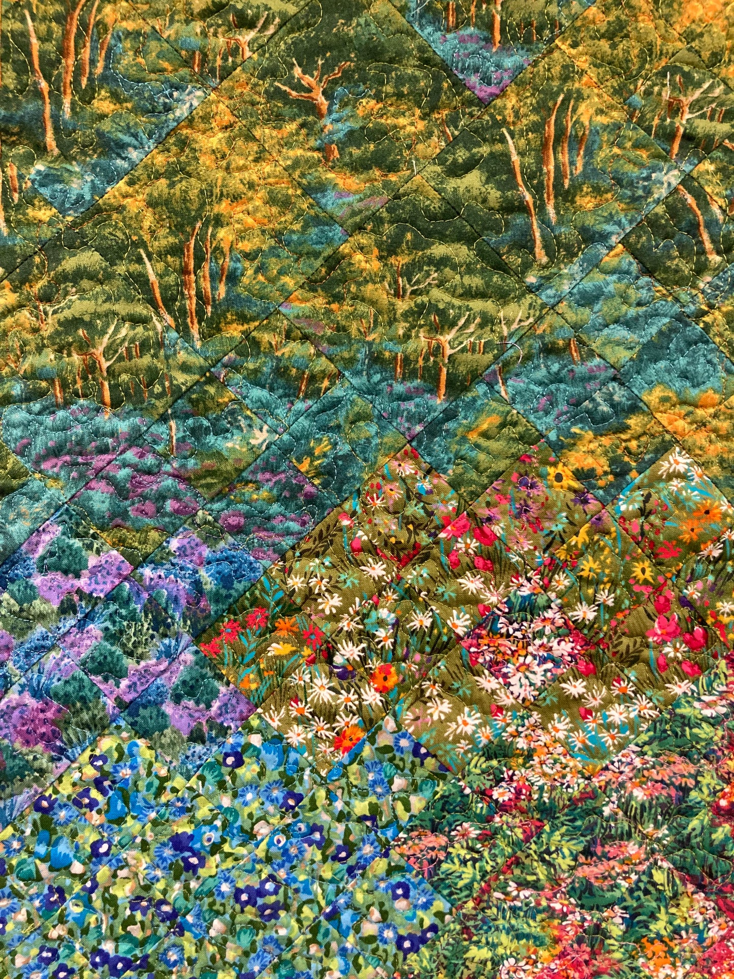 Mountain Art Quilt Tapestry, Turquoise Meadow Flowers Fabric Wall Hanging, Summer Trees Woods, 19x25" Original Handmade Artwork Home Office