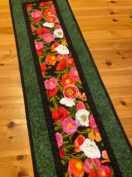 Red Pink Peach Poppies Quilted Table Runner, Dining Room Coffee Table Runner, Reversible 13x48", Summer End Table Everyday Bright Bold