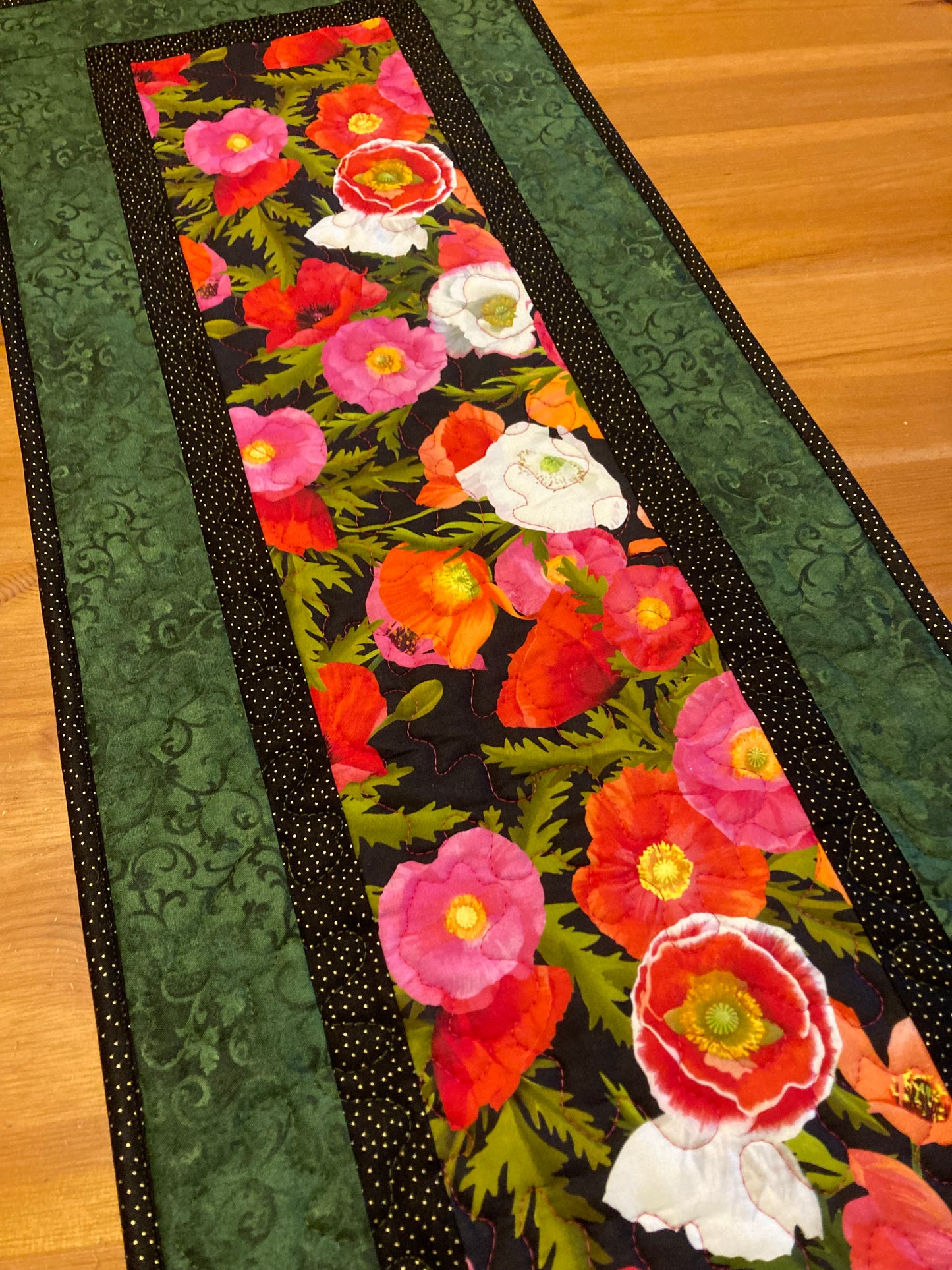 Red Pink Peach Poppies Quilted Table Runner, Dining Room Coffee Table Runner, Reversible 13x48", Summer End Table Everyday Bright Bold