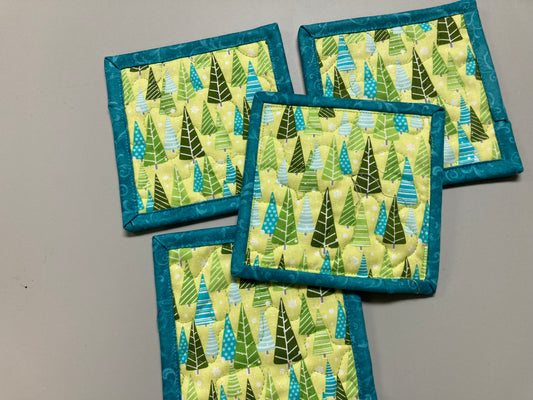 Blue Green Forest Trees Fabric Drink Coasters 5x5" Quilted, Snack Mats Mug Rugs, Reversible Washable Handmade Hot Cold Alpine Woods Pine