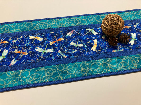 Blue Green Gold Dragonflies Quilted Dining Table Runner, 13x48" Reversible, Coffee End Table, Summer Flowers Whimsical Dragonfly Handmade