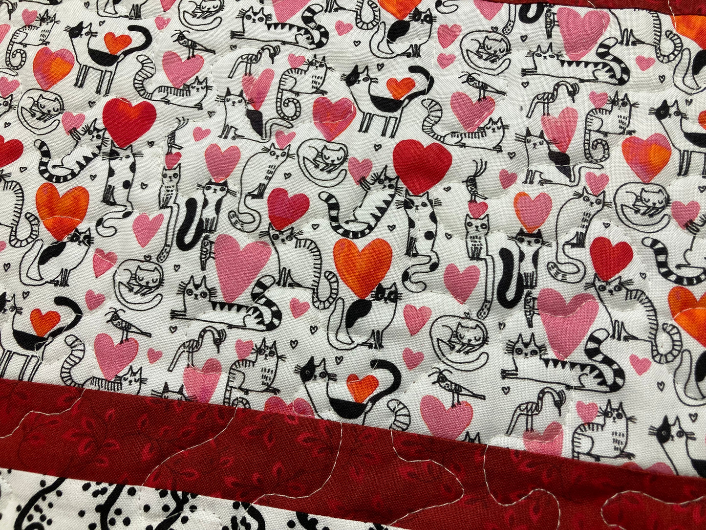 Sassy Cats Fabric Quilted Table Runner, Valentine Hearts 13x36” Cat Lover Feline Whimsical Quirky Fun, Dining Coffee End Table Handmade