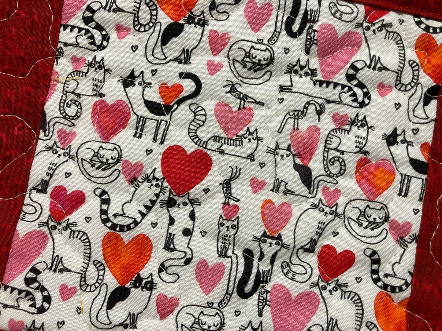 Sassy Cats Fabric Quilted Mug Rugs Snack Table Mats, 6x12" Set of Two(2), Valentine Hearts Cat Lover Feline Whimsical Quirky Fun  Handmade