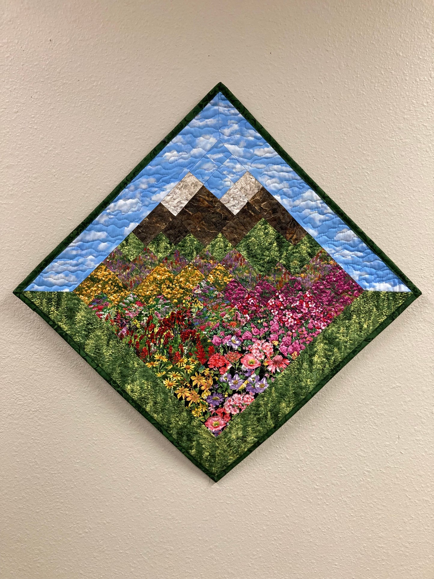 Art Quilt, Wildflower Pink Yellow Purple Meadow Mountain Fabric Wall Hanging Landscape Tapestry Artwork Bedroom Living Room 29x29" Diagonal