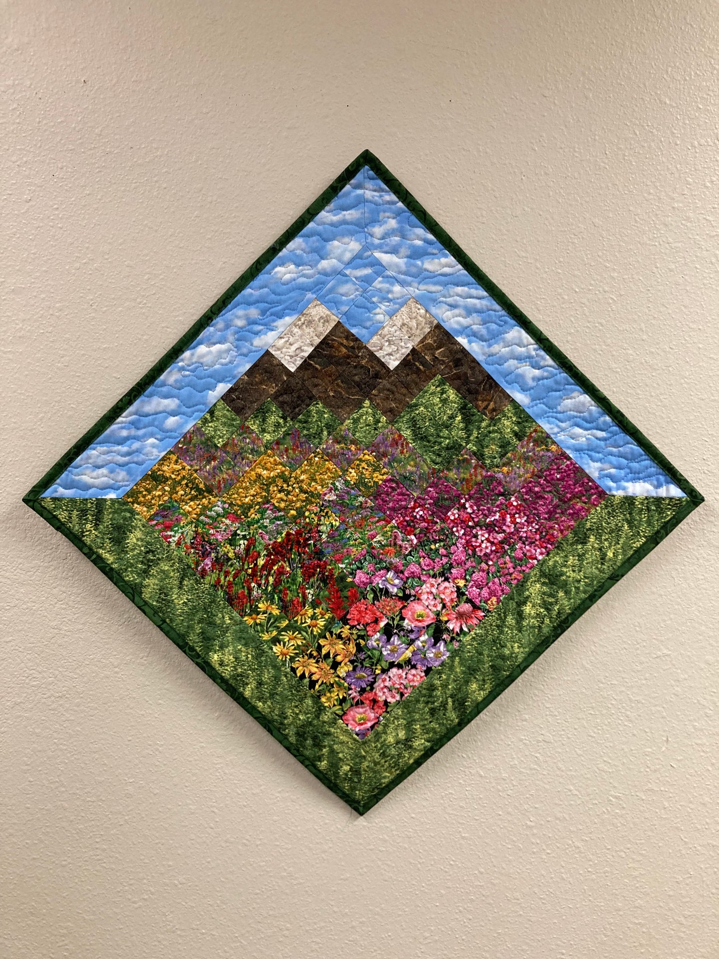 Art Quilt, Wildflower Pink Yellow Purple Meadow Mountain Fabric Wall Hanging Landscape Tapestry Artwork Bedroom Living Room 29x29" Diagonal