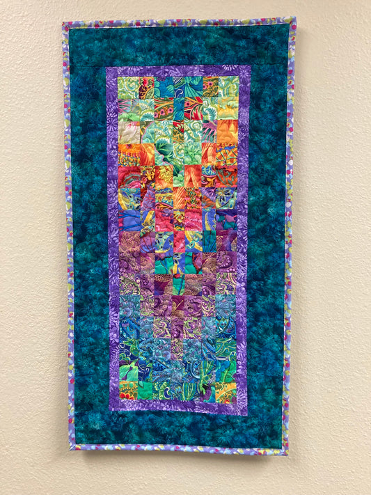 Bright Colorful Abstract Fabric Wall Hanging, Quilted 15x29", Art Quilt Tapestry Table Runner, Textile Home Office Children Kitchen Decor