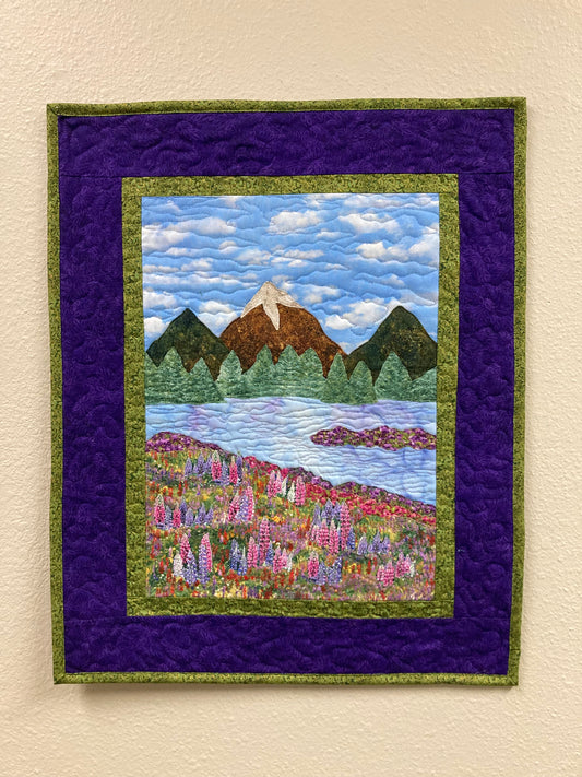 Tahoe Lupine Flowers Lake Mountain Art Quilt, Fabric Wall Hanging, Quilted Landscape, Textile Art 18x22" Tapestry, Pine Trees Purple Green