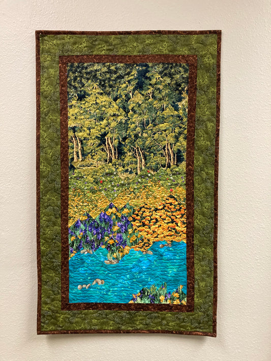 Forest Trees Art Quilt Tapestry, Turquoise Water Flowers Fabric Wall Hanging, Iris Poppies 22x36" Original Handmade Art Home