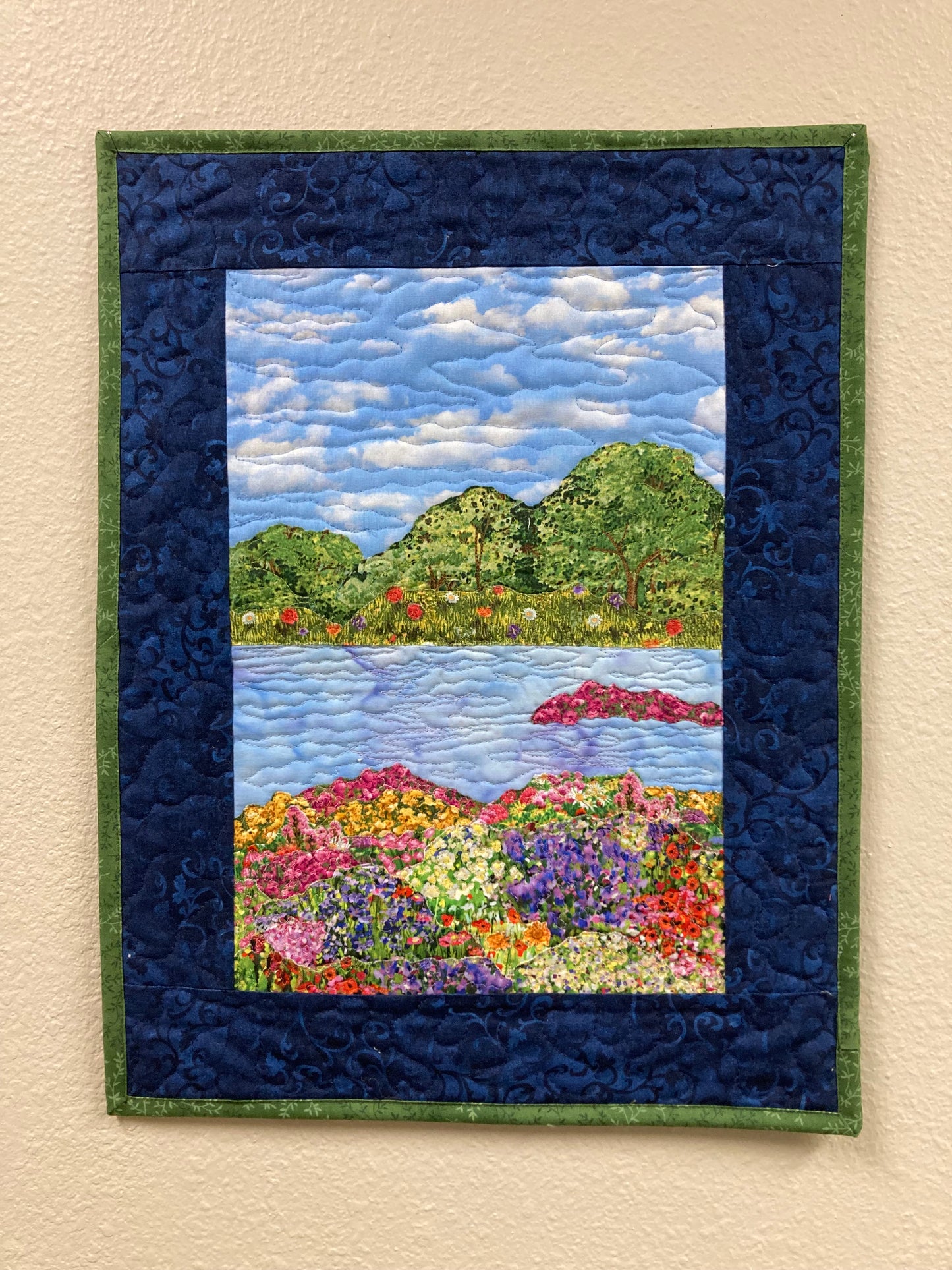 Wildflower Summer Meadow Trees Lake Landscape Art, Quilted, Square Tapestry 15x19", Red Yellow Pink Small Vertical Fabric Wall Hanging