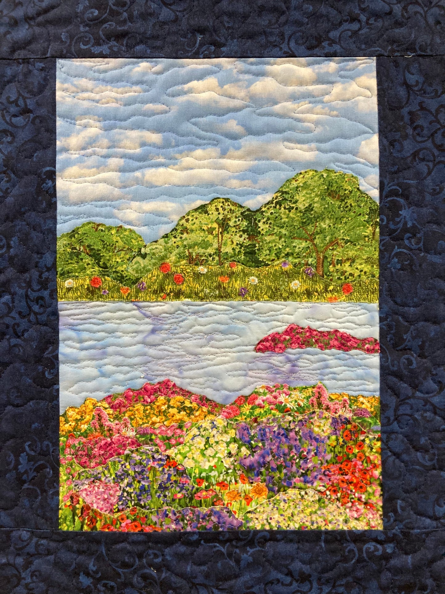 Wildflower Summer Meadow Trees Lake Landscape Art, Quilted, Square Tapestry 15x19", Red Yellow Pink Small Vertical Fabric Wall Hanging