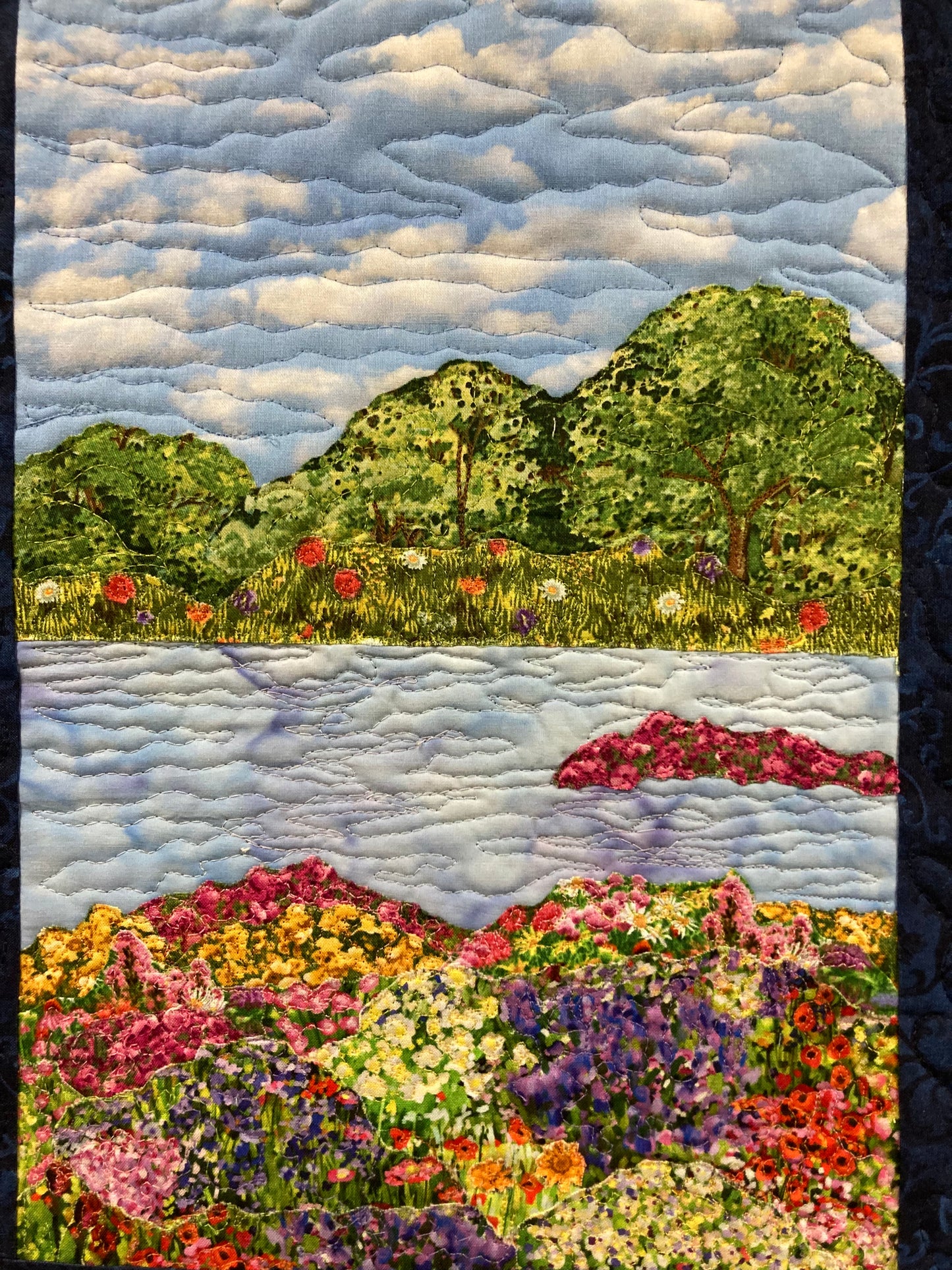 Wildflower Summer Meadow Trees Lake Landscape Art, Quilted, Square Tapestry 15x19", Red Yellow Pink Small Vertical Fabric Wall Hanging