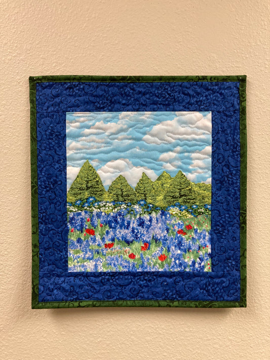 Blue Bonnets Red Meadow Flowers Mountains Landscape Art Quilt, Textile 15x16", Tapestry Fabric Wall Hanging, Small Scenic Wall Art Handmade