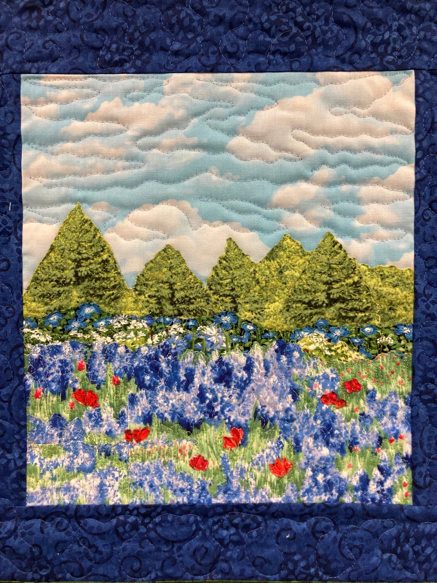 Blue Bonnets Red Meadow Flowers Mountains Landscape Art Quilt, Textile 15x16", Tapestry Fabric Wall Hanging, Small Scenic Wall Art Handmade