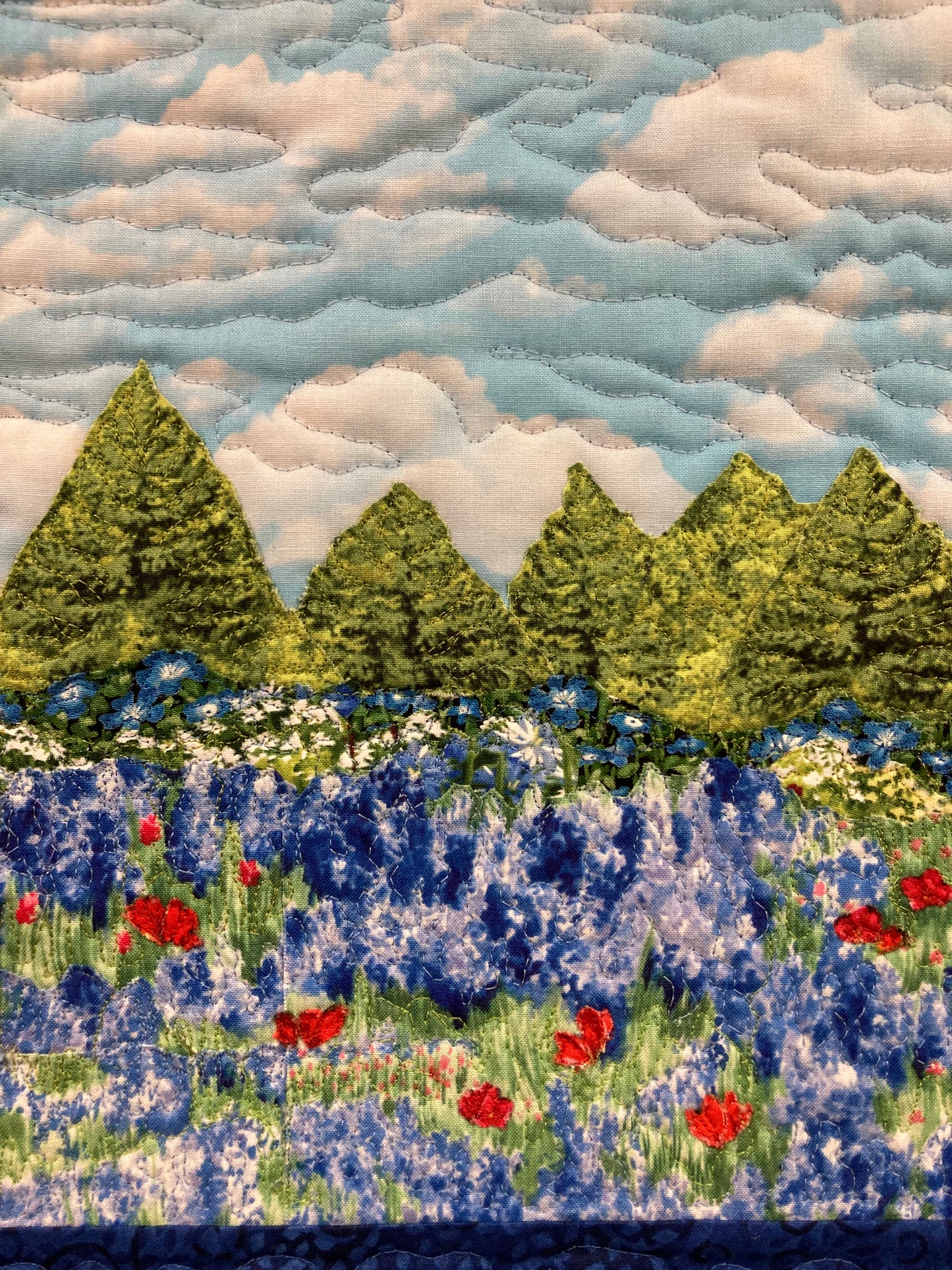 Blue Bonnets Red Meadow Flowers Mountains Landscape Art Quilt, Textile 15x16", Tapestry Fabric Wall Hanging, Small Scenic Wall Art Handmade