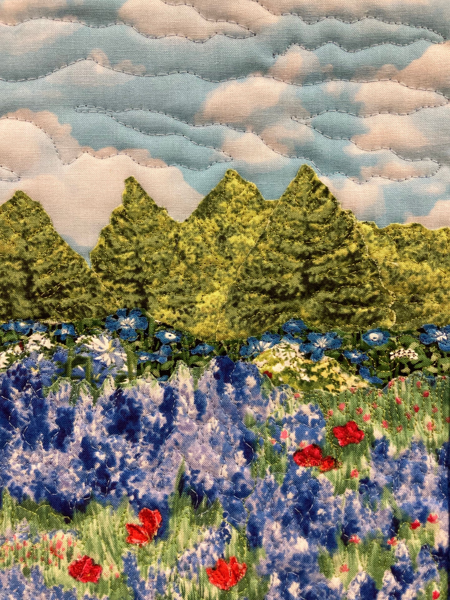 Blue Bonnets Red Meadow Flowers Mountains Landscape Art Quilt, Textile 15x16", Tapestry Fabric Wall Hanging, Small Scenic Wall Art Handmade