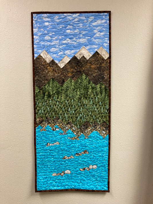 Lake Tahoe Art Quilt Fabric Wall Hanging, Textile Tapestry, Long Vertical Narrow Landscape Scenic Quilt 18x43", Mountain Pine Trees Alpine