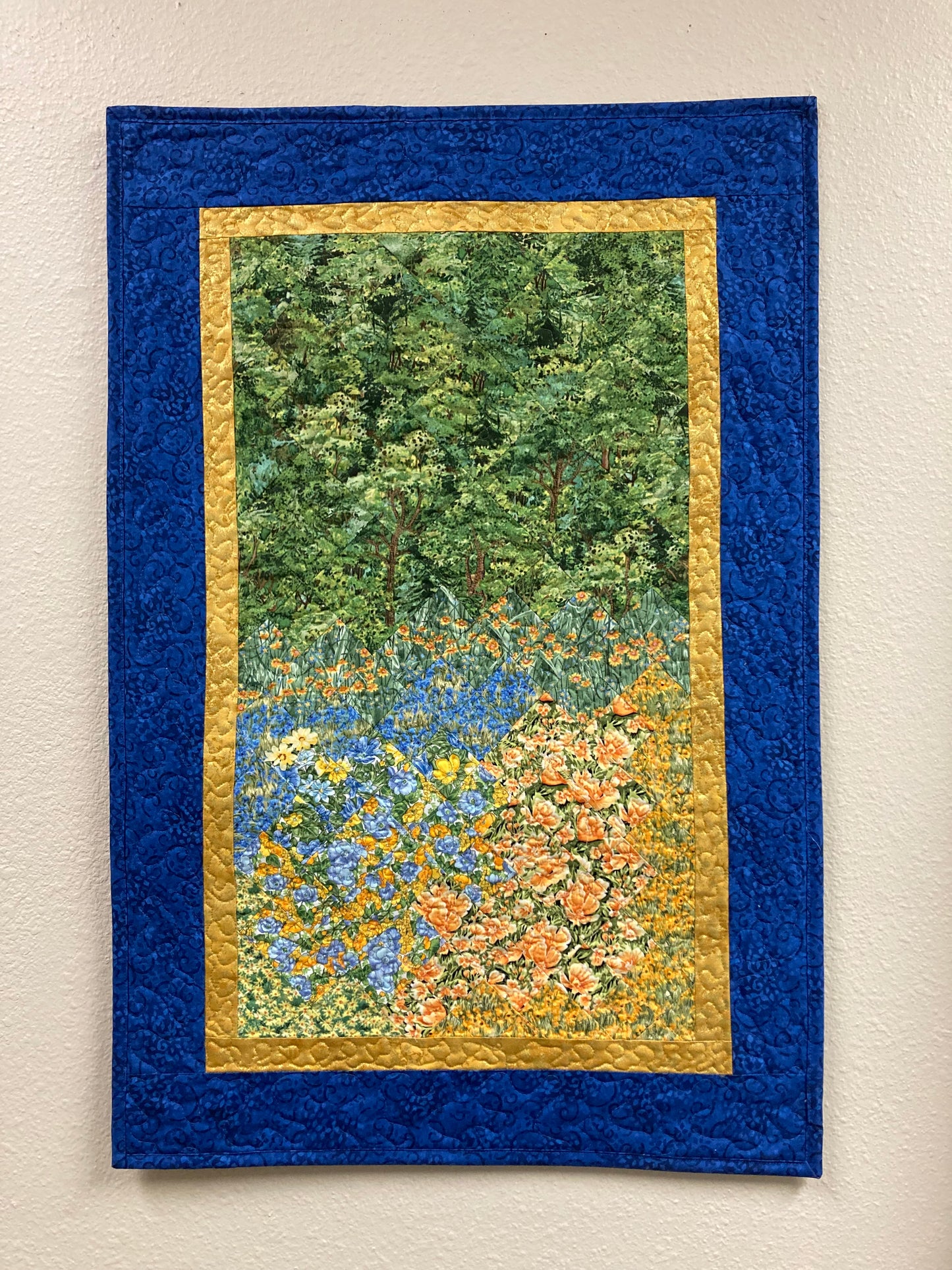 Summer Blue Yellow Meadow Mountain Art Quilt Tapestry, Fabric Wall Hanging, 21x31” Original Artwork, Vertical Forest Meadow Scenic Picture