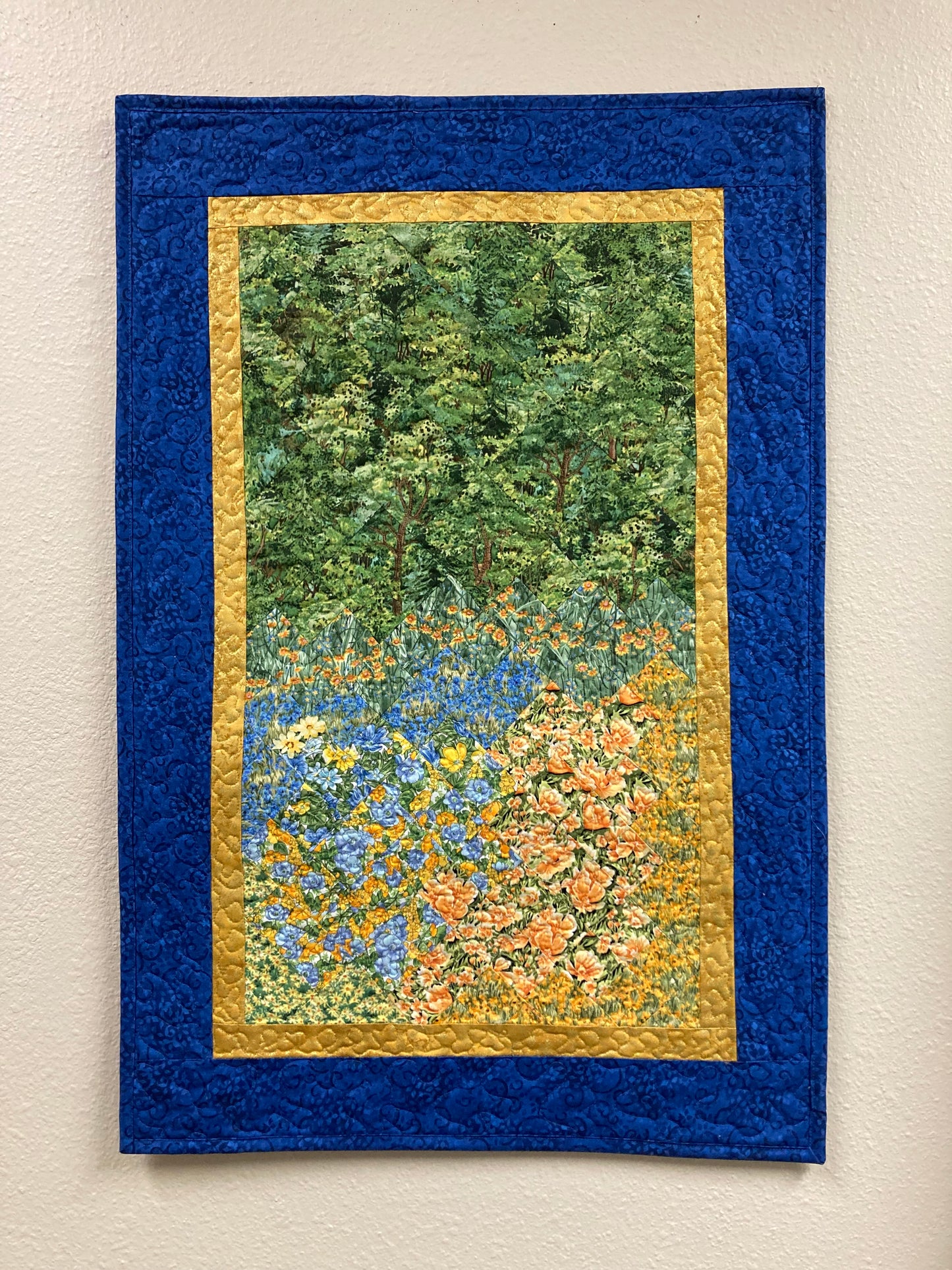 Summer Blue Yellow Meadow Mountain Art Quilt Tapestry, Fabric Wall Hanging, 21x31” Original Artwork, Vertical Forest Meadow Scenic Picture