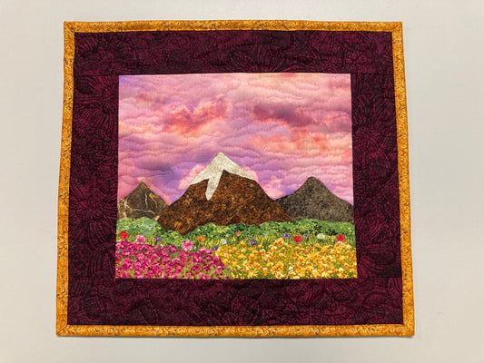 Sunset Wildflower Meadow Mountain Landscape Art Quilt, Textile Art 13x14", Tapestry Fabric Small Wall Art Hanging, Purple Yellow Flowers