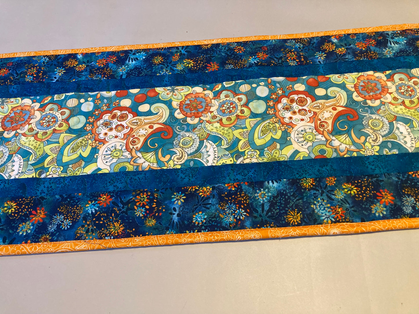 Blue Orange Paisley Flowers  Quilted Dining Table Runner, Summer Reversible 13x48" Coffee Dining Table Buffet, Everyday Bright Bold Colorful