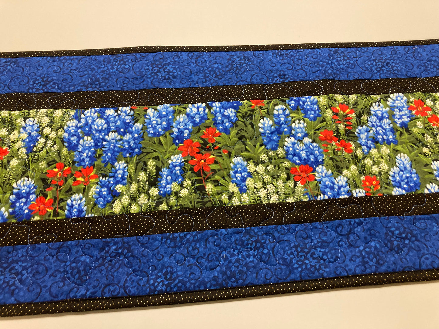 Dining Table Runner, Texas Bluebonnets Red Summer Runner, 13x48" Quilted Reversible, Coffee Table End Table Nightstand, Wildflower Handmade
