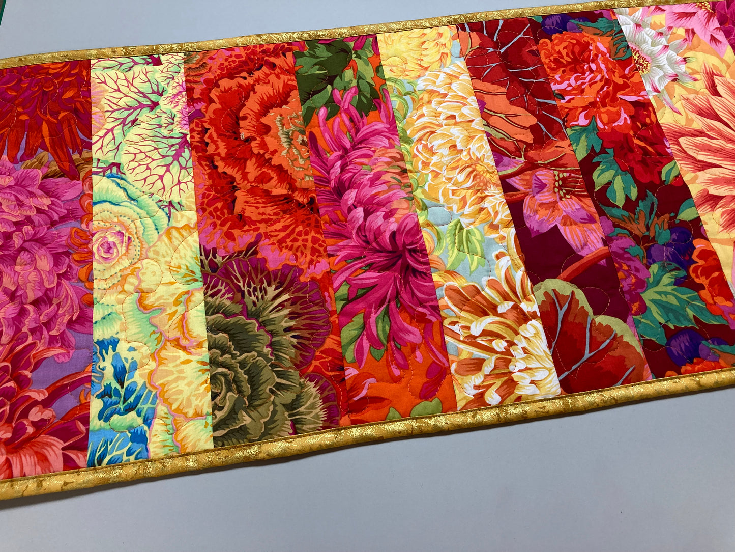 Kaffe Fassett Bright Yellow Pink Orange Red Quilted Table Runner Summer Decor, Reversible 13x56”, Dining Room Coffee Table Dresser Scarf