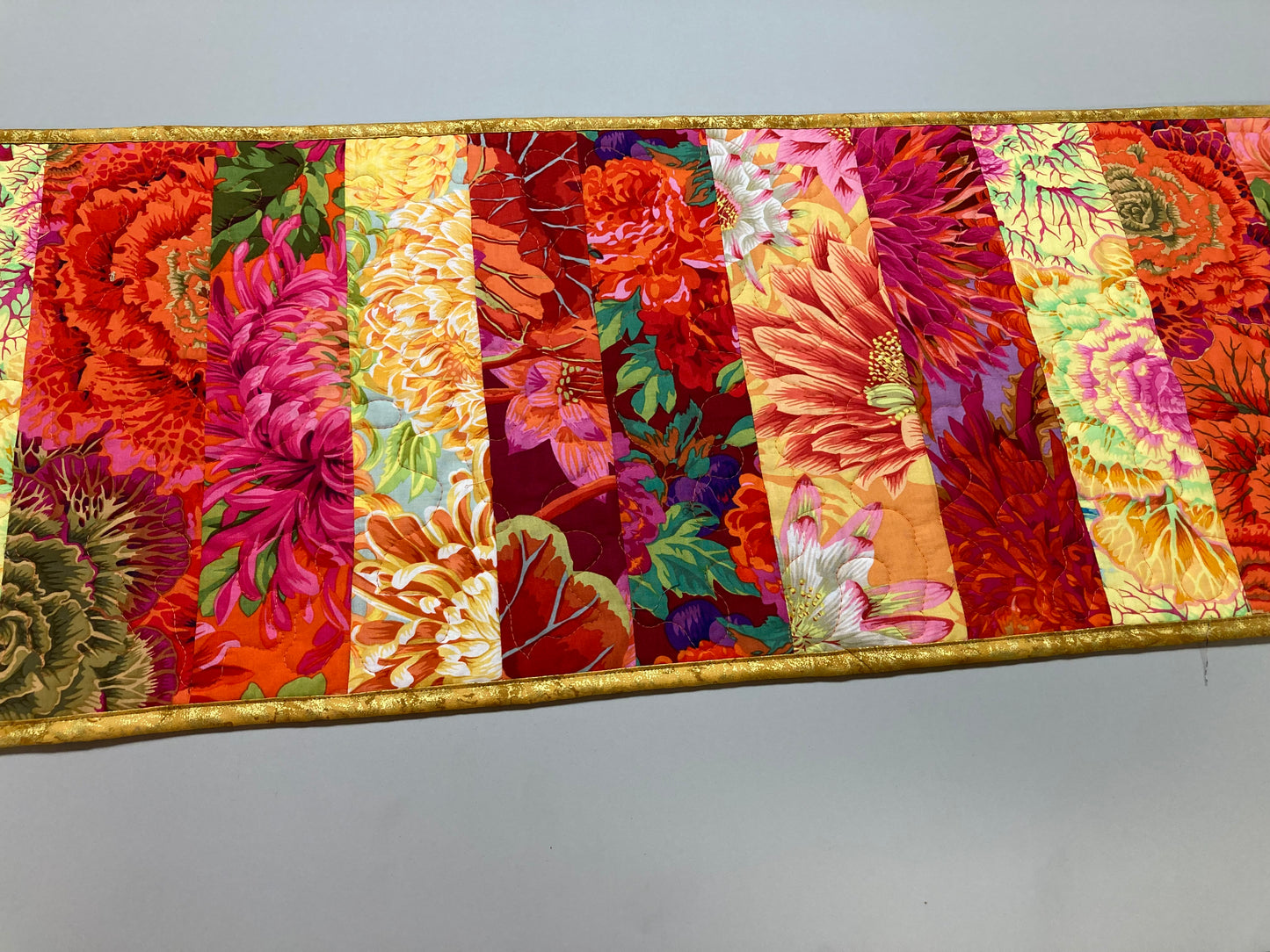 Kaffe Fassett Bright Yellow Pink Orange Red Quilted Table Runner Summer Decor, Reversible 13x56”, Dining Room Coffee Table Dresser Scarf