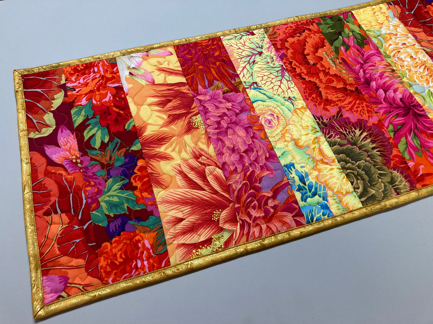 Kaffe Fassett Bright Yellow Pink Orange Red Quilted Table Runner Summer Decor, Reversible 13x56”, Dining Room Coffee Table Dresser Scarf